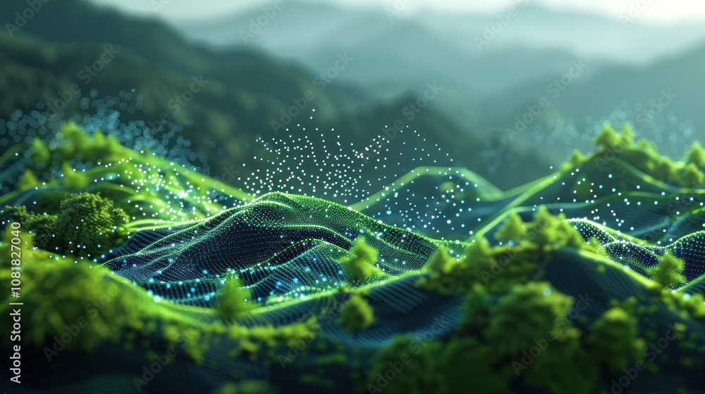 Poster abstract digital landscape with rolling hills and green foliage. the scene is rendered in a futurist