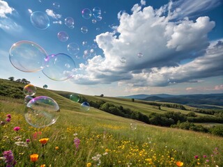Captivating Landscape of Rainbow Bubbles Floating in a Sunlit Sky Over a Serene Meadow with Vibrant Colors and a Reflective Atmosphere Creating a Dreamy Scene