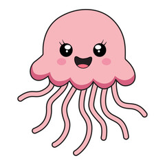 A cute pink cartoon jellyfish with big shiny eyes, rosy cheeks, and a happy smile. It has simple, wavy tentacles and a friendly, kawaii style.
