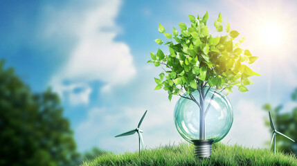Bulb light with tree inside The bulb is located on the inside with leaves forest and the trees are in the light. environmental conservation and global warming plant growing inside lamp