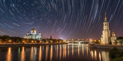 Obraz premium Captivating Long Exposure Night View of Iconic Russian Landmarks with Star Trails Overhead, Illuminated Cityscape Reflections in Water, and Vibrant Colors of the Skyline