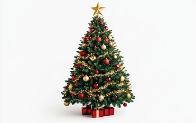 Naklejka premium Classic Red and Green Christmas Tree: A traditional Christmas tree adorned with red and green baubles, candy canes, and twinkling warm lights, topped with a gold star, displayed on a white background