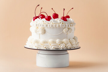 Delicate lambeth style birthday cake with white cream cheese frosting decorated with cocktail...