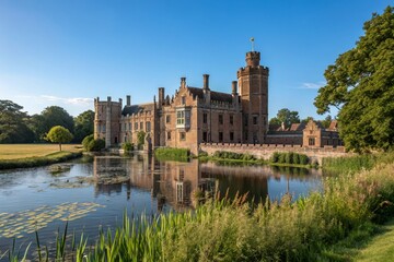 Obraz premium Captivating Long Exposure of Oxburgh Hall Beneath a Vibrant Blue Sky, Showcasing the Majestic Architecture and Serene Surroundings in a Breathtaking Natural Landscape