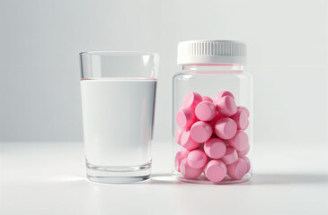 Transparent jar without label closed with white lid inside pink tablets or medicine or vitamins, next to it stands glass with water. Front view close-up on white background
