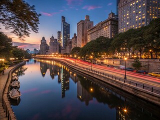 Obraz premium Captivating Long Exposure Photography of an Urban Landscape at Dusk with Vibrant City Lights and Smooth Water Reflections Creating a Dreamlike Atmosphere