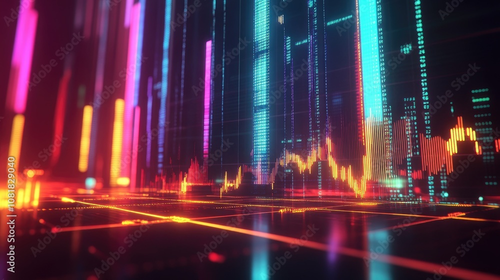 Poster abstract depiction of financial graphs and charts in neon colors