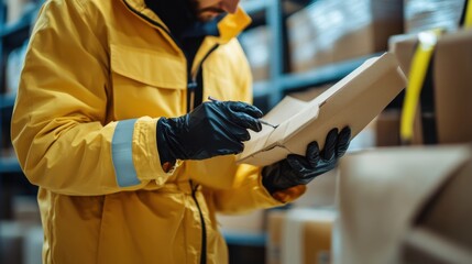 Fototapeta premium Quality Assurance in Delivery: Close-Up of Inspector Examining Package with Tools in Logistics Facility, Highlighting Quality Control and Inspection Procedures