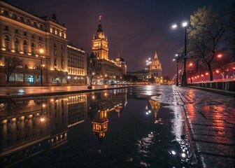 Obraz premium Captivating Low Light Photography of a Dreamy Urban Nightscape with Glimmering Lights and Soft Shadows, Perfect for Evoking a Sense of Mystery and Serenity in Every Frame