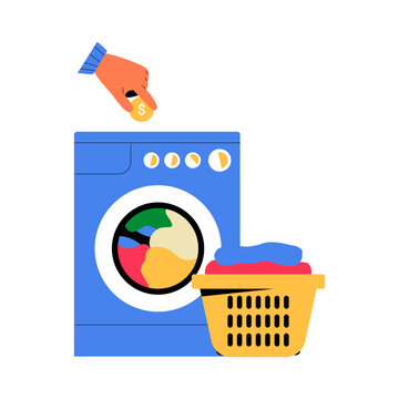 Coin Operated Washing Machine With Laundry Basket In Flat Vector Illustration Symbolizing Self Service Laundry, Coin Laundry, And Convenience, Isolated On White Background.