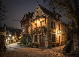 Obraz premium Captivating Low Light Photography of an Old European House with Timeless Charm and Architectural Details Illuminated by Soft Ambient Light in a Quaint Village Setting