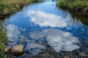 Obraz premium Clouds reflected in still creek water.