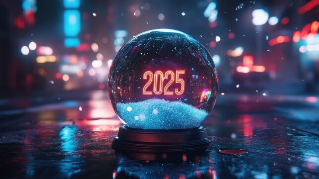 Futuristic snow globe displaying '2025' with gentle falling digital snow and neon illumination, creating a festive New Year atmosphere on a dark reflective surface.