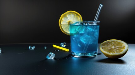 Blue Cocktail with Lemon Garnish