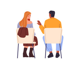 People on seats communicate during business conference, workshop back view. Students sit on chairs, talk while lecture, seminar together backside. Flat isolated vector illustration on white background