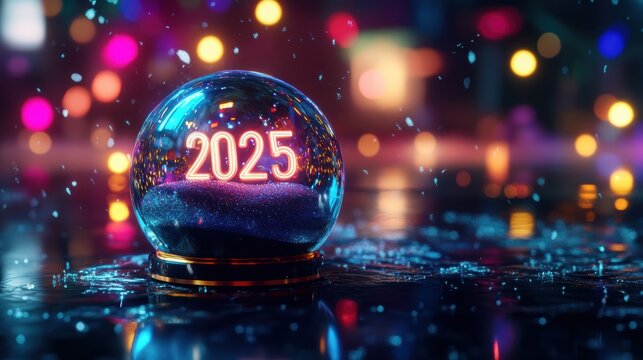 Futuristic snow globe displaying '2025' with gentle falling digital snow and neon illumination, creating a festive New Year atmosphere on a dark reflective surface.