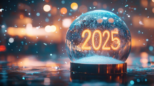 Futuristic snow globe displaying '2025' with gentle falling digital snow and neon illumination, creating a festive New Year atmosphere on a dark reflective surface.