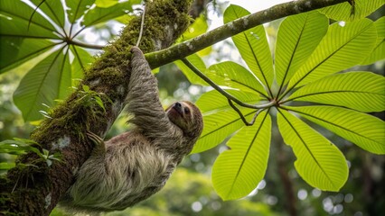 Naklejka premium Captivating Macro Photography of Sloth Fur and Leaves, Showcasing Intricate Textures and Natural Colors in a Lush Tropical Environment for Nature Lovers and Wildlife Enthusiasts