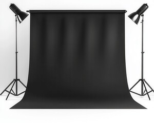 Fototapeta premium A professional photography setup featuring a black backdrop and studio lights, ideal for capturing portraits or product images.