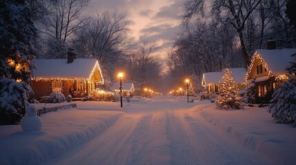 A snowy street lined with houses decorated for the holidays.