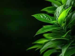Obraz premium Lush green leaves are highlighted against a dark background, showcasing their vibrant texture and natural beauty.