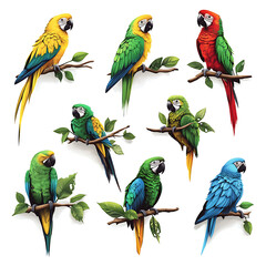 Colorful parrots perched on branches featuring vibrant plumage and lush leaves in a natural setting