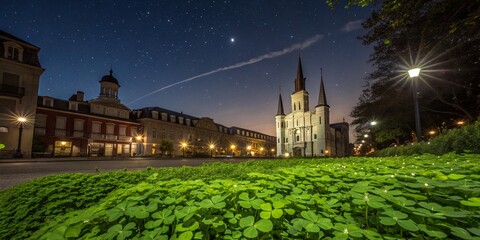 Captivating Night Photography of Clover in New Orleans, Showcasing Vibrant Lights, Historic Architecture, and Lush Greenery Amidst the Enchanting Night Sky
