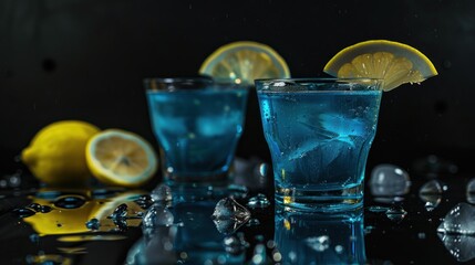 Blue Cocktail with Lemon Garnish and Ice on a Black Background