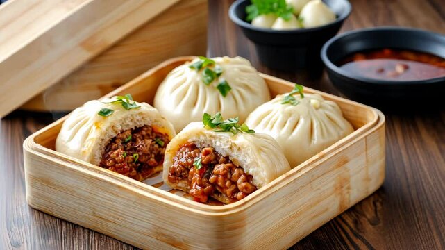 Four delicious steamed buns filled with savory meat blend, garnished with herbs in a bamboo basket