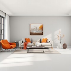A minimalist living room 3D render with light gray and burnt orange contrast, centered sofa, and one large frame with a nature-inspired painting.