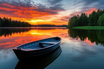 A Small Boat Anchored on a Calm Lake at Sunset