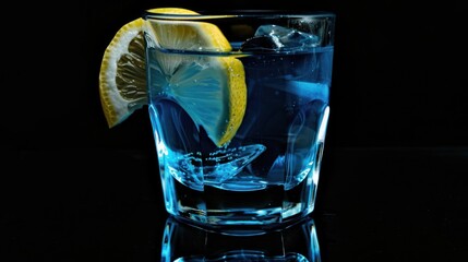 Blue Cocktail with Lemon Wedge and Ice
