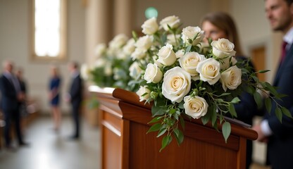 Obraz premium Elegant arrangement of white roses in a floral display at a formal event