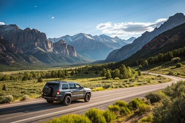 Captivating Panoramic SUV Adventure in Majestic Landscape: Explore the Thrill of Off-Roading in Nature’s Beauty with a Stunning View of Mountains and Open Roads
