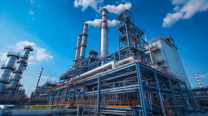 Advanced oil refinery with extensive pipelines and tall chimneys, showcasing modern industrial infrastructure