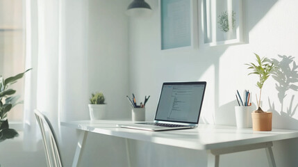 Fototapeta premium Minimalist home office setup with a laptop on a white desk, surrounded by small potted plants and stationary, bathed in soft natural light