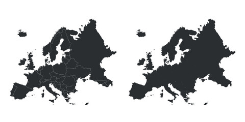 Map of Europe in two styles showing country borders. Geographic outline for regional and educational designs.