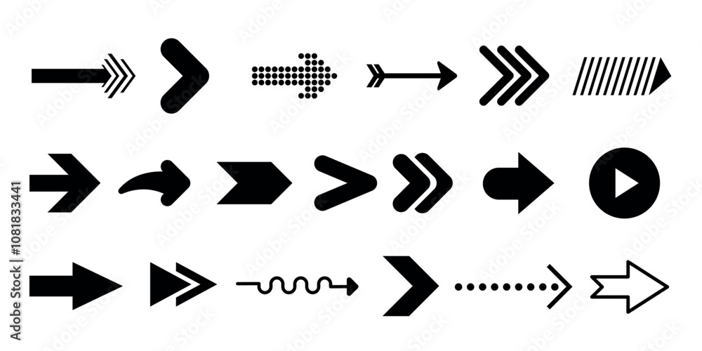 Poster assorted arrow icons in various styles and directions. navigation and pointer symbols for design use
