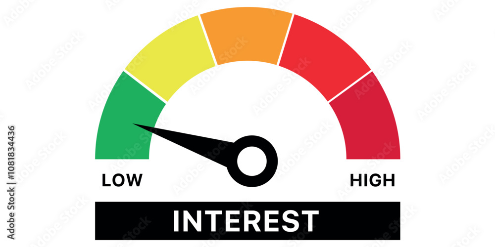 Poster interest level gauge with needle pointing towards low, showing scale from low to high.