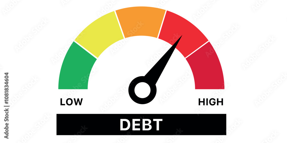 Poster debt level gauge with needle pointing towards high, showing scale from low to high.