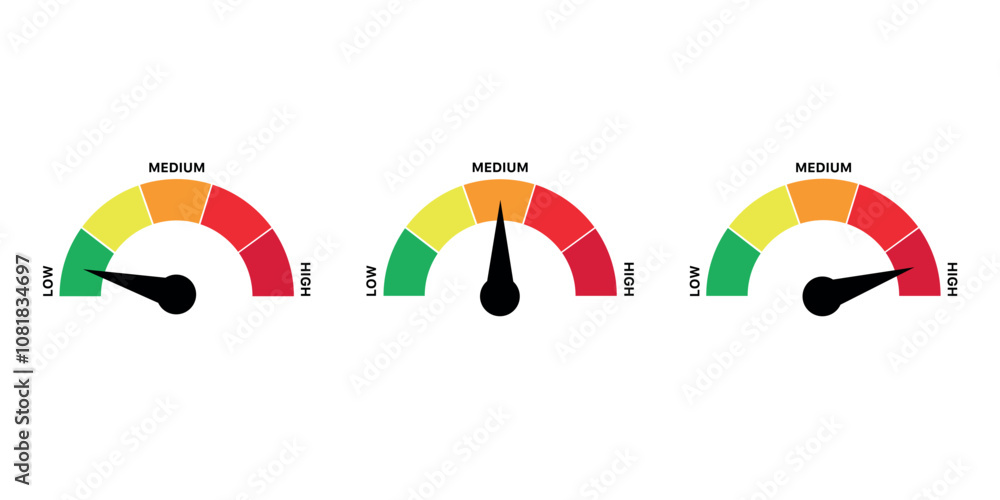 Poster set of gauges with needles pointing to various levels from low to high, labeled with medium.