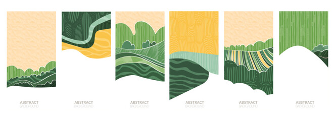Modern eco design featuring green fields, rice, wheat, tea, corn, soybean, paddy. Abstract illustration with vintage texture, hill, mountain, landscape in watercolor. Sustainable, organic, aesthetic