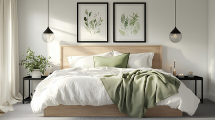 Bright and Cozy Modern Farmhouse Master Bedroom with Sage Accents and Minimal Wooden Design