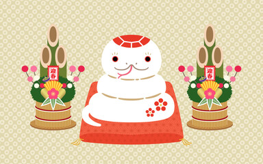 2025年　巳年　年賀状素材　座布団に乗ったへびの土人形と門松【白】