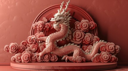Fototapeta premium A white dragon figurine with red clouds in a red background.