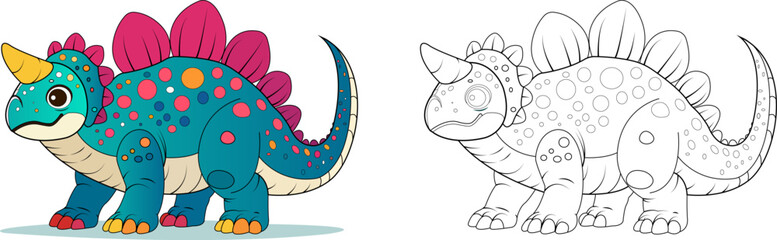 Hand drawn Ankylosaurus Dinosaur for coloring book, vector illustrations for kids. Anti-stress coloring for kids and children. Dinosaur in two versions, colored and black and white.
