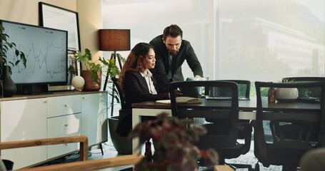 Finance, business people and mentor with laptop, teamwork and conversation in modern office....
