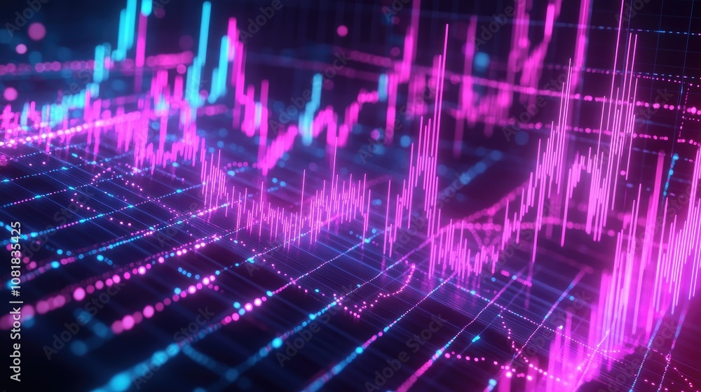 Poster abstract depiction of financial graphs and charts in neon colors