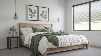 Bright and Cozy Modern Farmhouse Master Bedroom with Sage Accents and Minimal Wooden Design