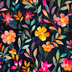 Vivid watercolor garden with vibrant leaves and cheerful blooms, painted on a dark canvas to highlight the colors, seamless design